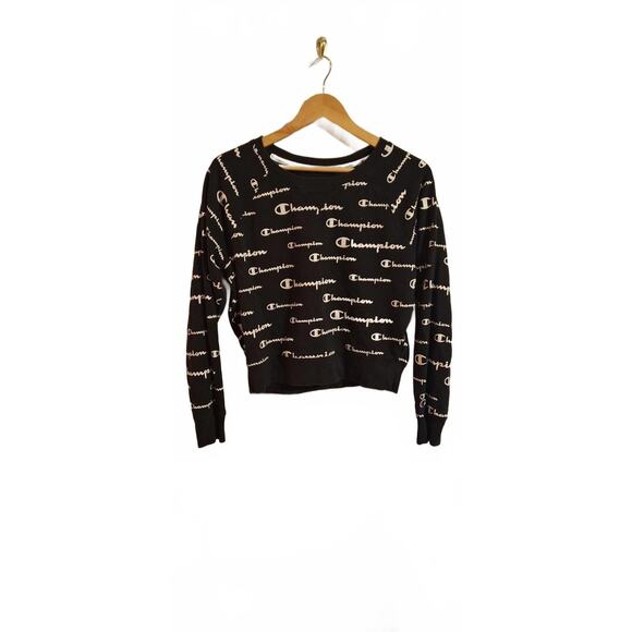 Champion Women's Cropped Sweater Med Black Graphic Print - Picture 1 of 5
